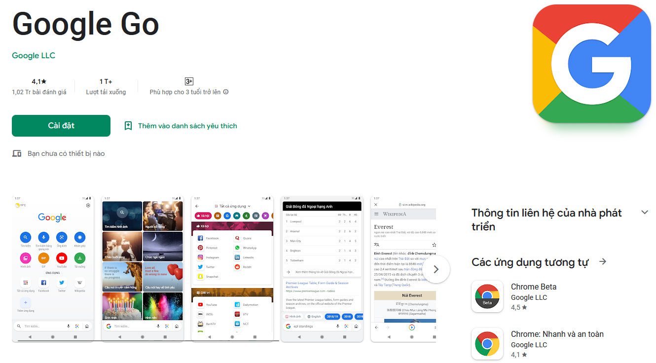 trình duyệt gọn nhẹ Google Go