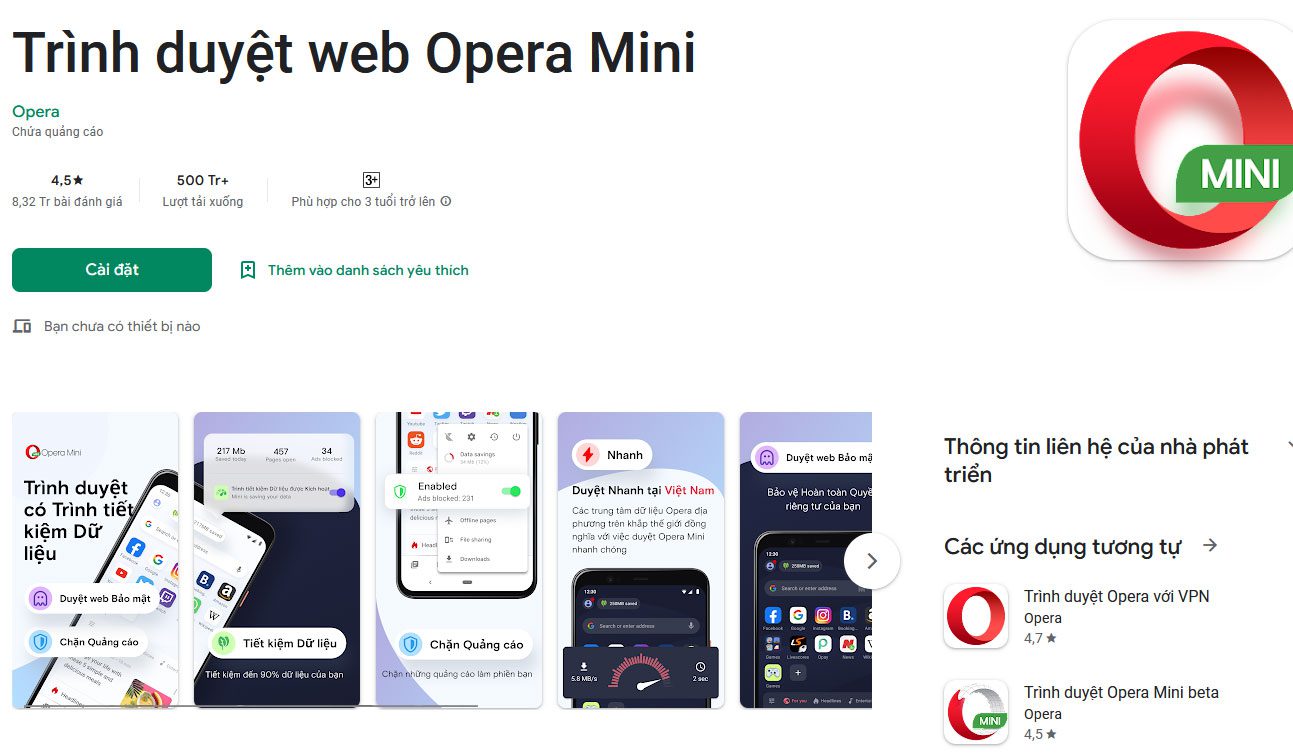 Opera Mini Trình duyệt với các tính năng tiết kiệm dữ liệu